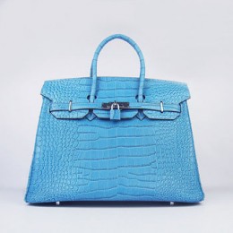 Hermes Birkin 35Cm Crocodile Stripe Handbags Blue Silver